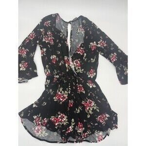 Ambiance Black & Red Floral 3/4 Sleeve Shorts Romper, V Neck, Large